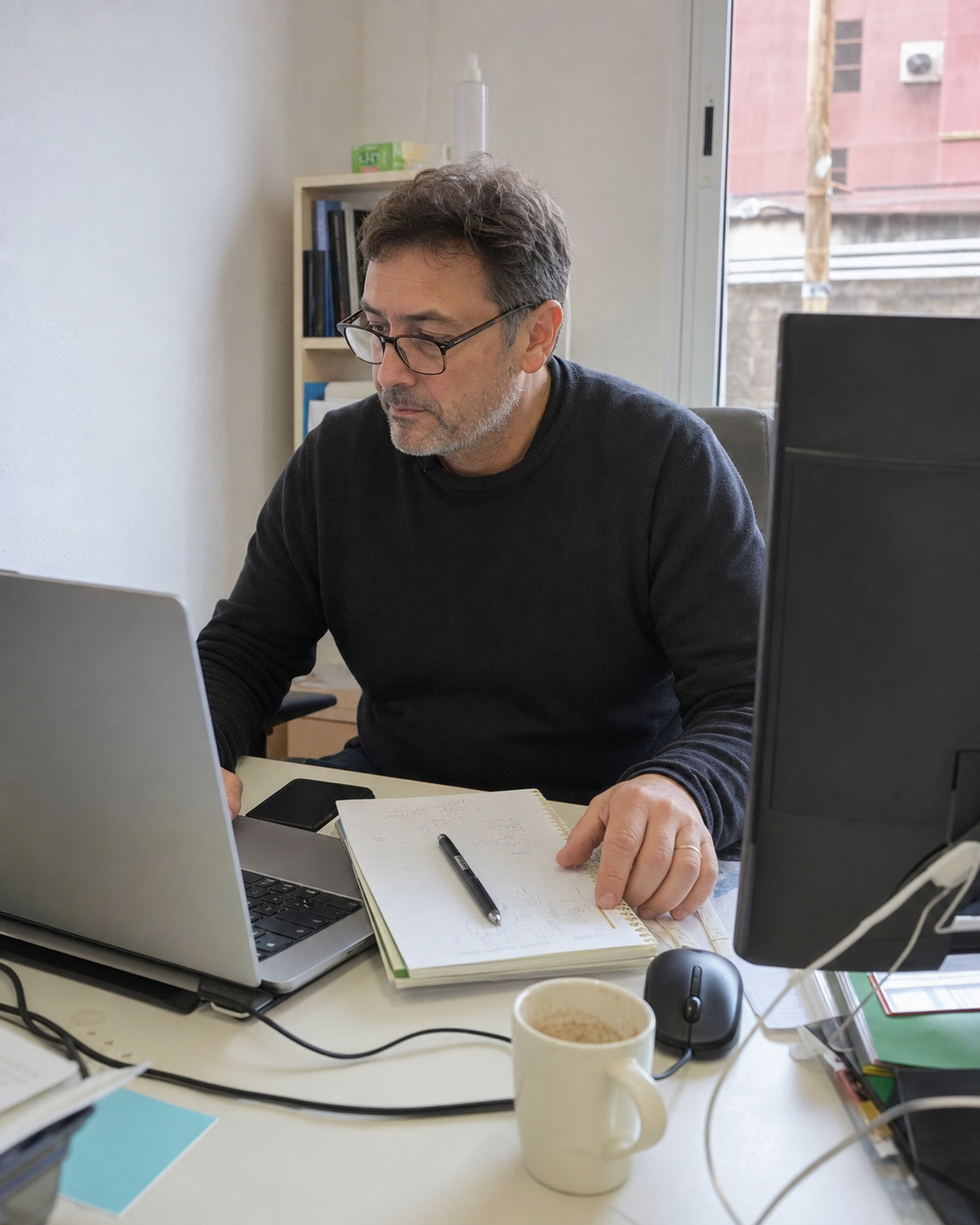 Profesional con gafas trabajando entre portátil, monitor y documentos