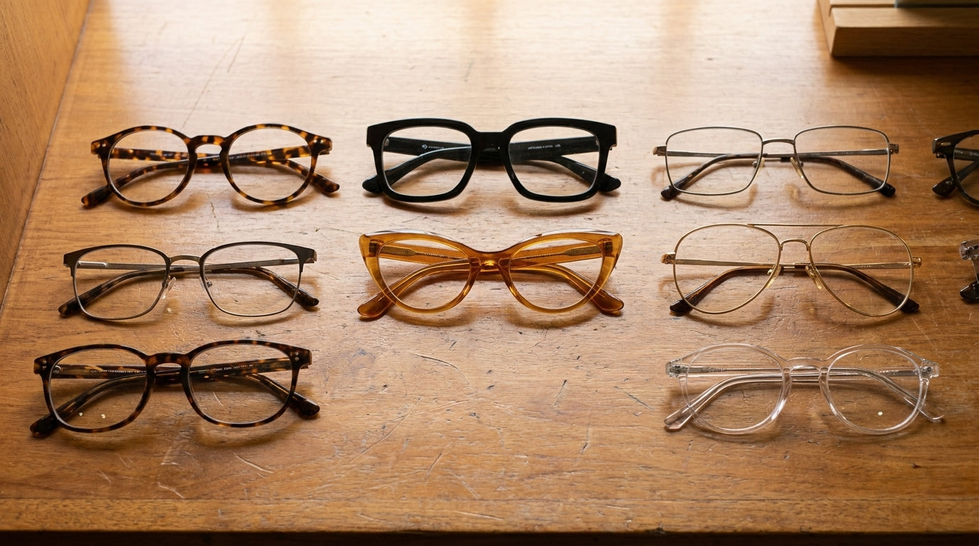 Monturas de gafas de distintas formas sobre un mostrador en Óptica Herradores